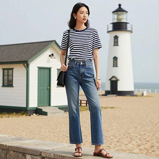 Casual Woman by Lighthouse at Seaside Cottage