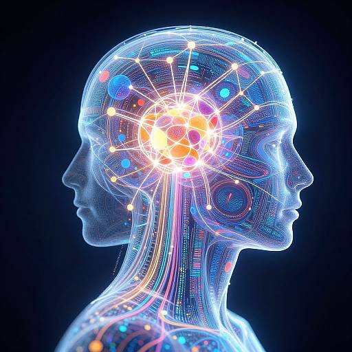 Digital illustration of a translucent human head silhouette, highlighted with glowing neural networks and colorful brain activity against a black background.