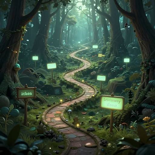Digital fantasy forest scene with a glowing, winding stone path, green lanterns, moss-covered ground, and signs reading 
