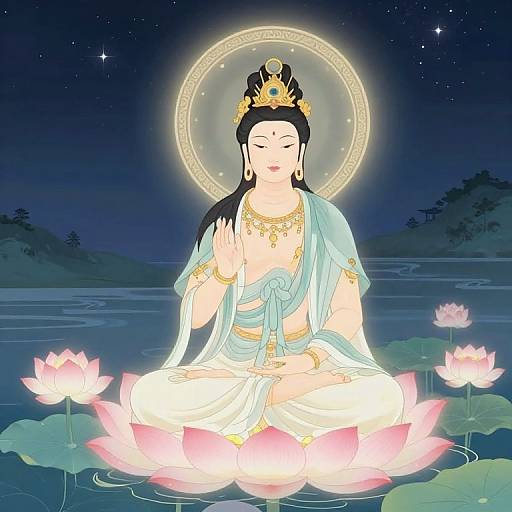 Digital illustration of a serene, white-skinned goddess with black hair, golden jewelry, and a blue sari, meditating on a lotus flower
