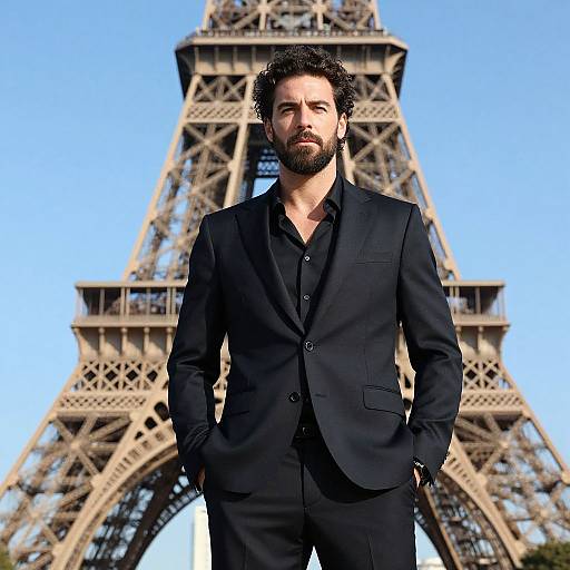 Photograph of a bearded man with curly hair, wearing a black suit and black shirt, standing in front of the Eiffel Tower against a