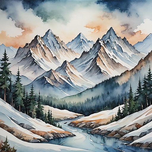 Majestic Watercolor Snow-Capped Mountains