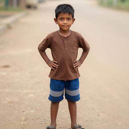 Boy in Brown Shirt and Blue Shorts