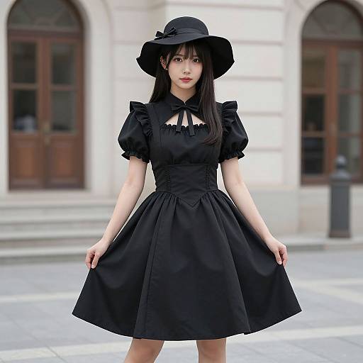 Photograph of an Asian woman in a black Gothic Lolita dress and hat, standing on a city street with arched windows in the background. She