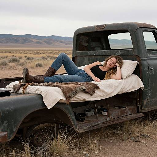 Woman Resting on Abandoned Truck in Desert