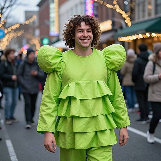 Photograph of a curly-haired man in a bright neon green, puffed-sleeve, ruffled costume, smiling on a bustling, festive street