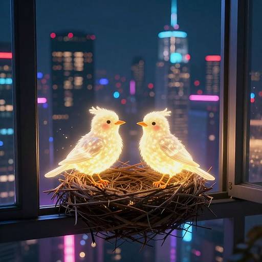Photograph of two glowing, fluffy, white bird figurines in a nest on a windowsill, with a colorful, neon-lit cityscape background