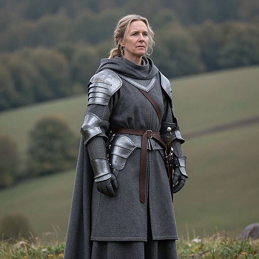 Photograph of a middle-aged woman with blonde hair in medieval armor and cloak, standing in a green, forested landscape.