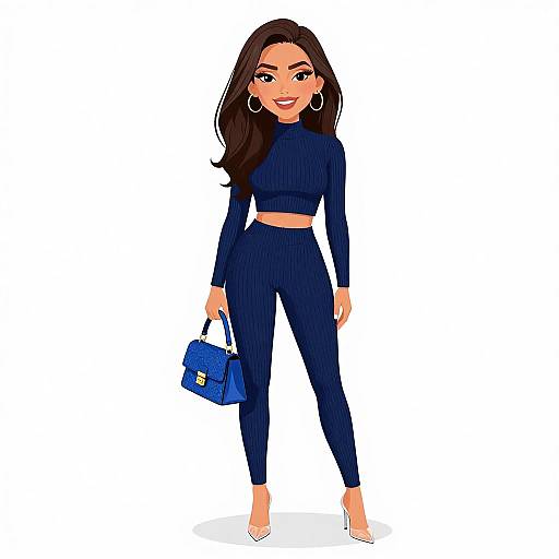 Digital illustration of a confident woman with long brown hair, wearing a navy crop top and matching high-waisted pants, white pointed heels, large hoop