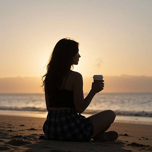 Silhouetted woman with long hair and plaid skirt sits on beach, holding coffee cup, against sunset over ocean. Photograph.