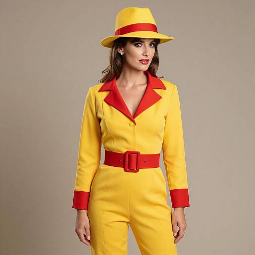 Photograph of a woman in a vibrant yellow jumpsuit with red accents, matching red belt, and yellow hat with red band, standing against a plain