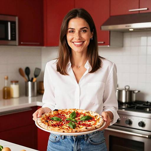 Smiling woman with straight brown hair, white blouse, and blue jeans holds a pizza topped with red sauce and basil in a modern red kitchen. Photograph