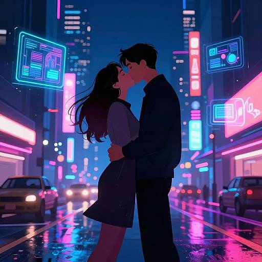 Neon-lit, rainy city street scene: silhouetted couple kissing, colorful digital signs, cars with headlights on, reflective wet pavement,