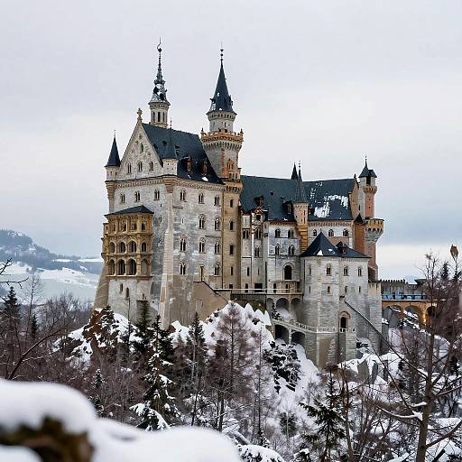 Photograph of a snow-covered, medieval-style castle with multiple turrets and spires, surrounded by snow-laden trees, under a cloudy sky.