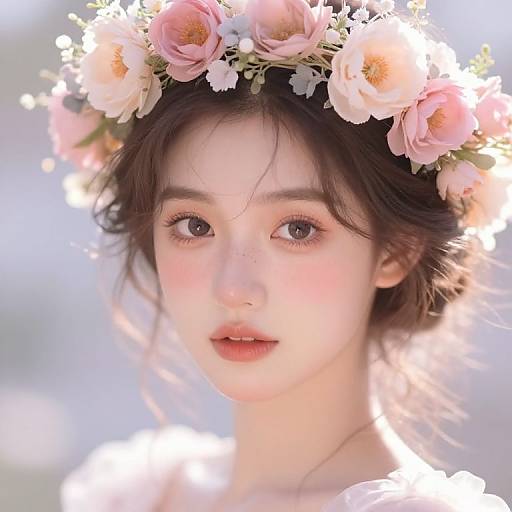 Digital portrait of a young Asian woman with fair skin, wearing a pink flower crown, soft pink lips, and delicate white blouse, with a softly blurred