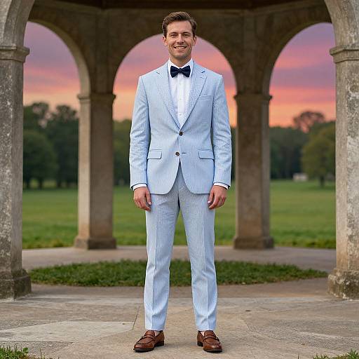 Photograph of a smiling man in a light blue pinstripe suit, black bow tie, brown shoes, standing under an archway at sunset.