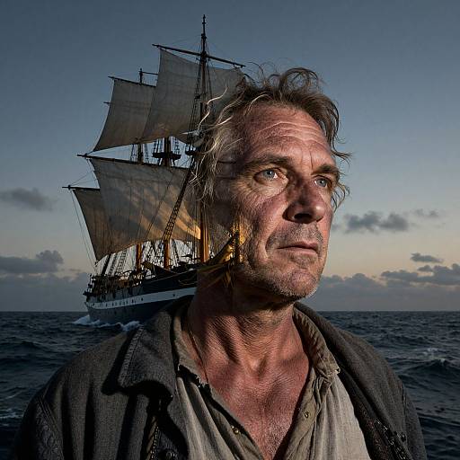 Photograph of rugged, middle-aged man with tousled hair, blue eyes, and weathered skin, standing in front of a large, sailing ship