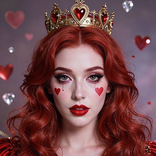 Photograph of a fair-skinned, red-haired woman with a gold heart-shaped crown, red heart face paint, dramatic makeup, and red lipstick,