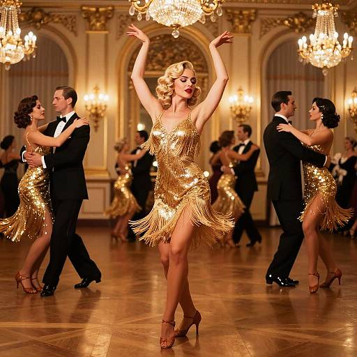 Photograph of a glamorous ballroom dance scene with a blonde woman in a gold fringe dress leading a dance, surrounded by elegantly dressed couples in black