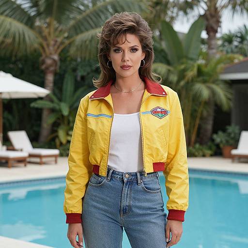 Photograph of a woman with wavy brown hair, wearing a yellow jacket with red trim, white tank top, and blue jeans, standing in front