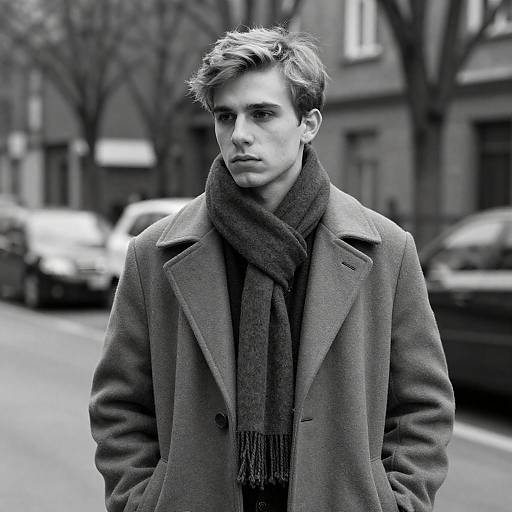 Young Man in Overcoat and Scarf Black and White