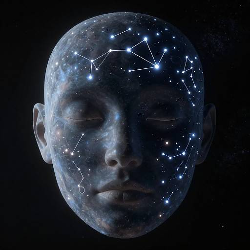 Digital artwork of a human face with a celestial, starry-patterned brain against a black background, combining human features with cosmic elements.