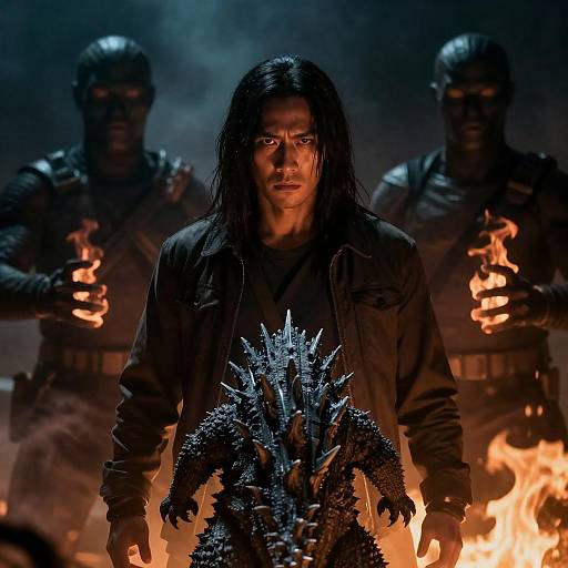 Intense Dark Scene with Man and Fiery Figures