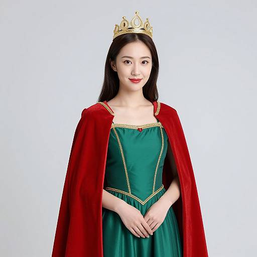 Photograph of an Asian woman with long black hair, wearing a gold crown, green strapless dress, and red velvet cape, standing against a plain