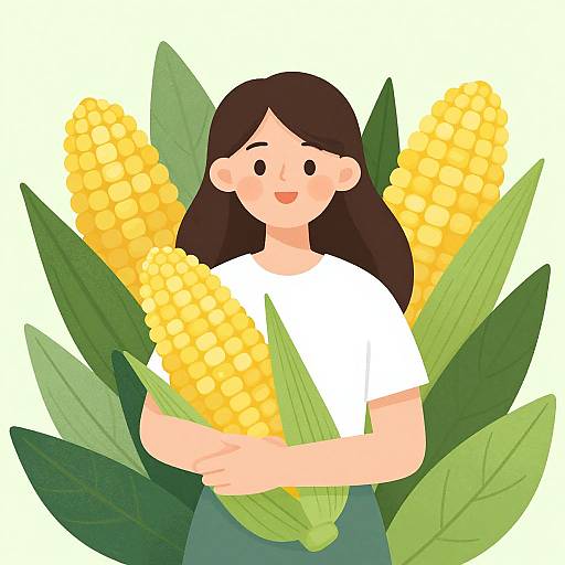 Digital illustration of a smiling woman with long brown hair, wearing a white shirt, holding yellow corn surrounded by green leaves.