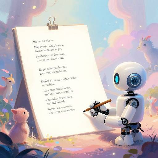 Digital painting of a white robot with blue eyes, holding a pen, writing on a clipboard in a pastel, whimsical forest with pink and white