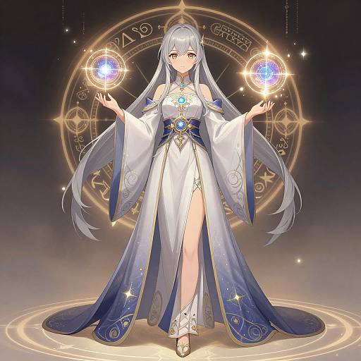 Digital anime-style artwork of a silver-haired woman in a white and blue magical robe, holding glowing orbs, standing on a mystical circular symbol.