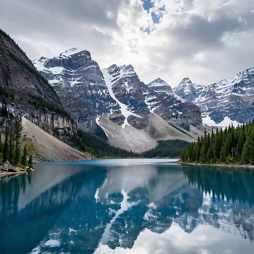 Photograph of a serene mountain lake with a reflective, icy blue surface, surrounded by evergreen trees, and snow-capped peaks under a cloudy sky