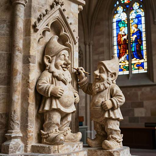 Photograph of two stone statues of bearded, medieval-style children in pointed hats, one offering a pipe to the other, in a stone-walled