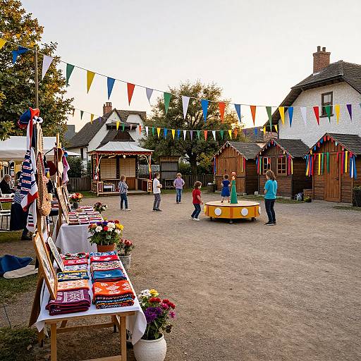 Vibrant outdoor market scene with colorful bunting, wooden stalls, flower pots, and people browsing under a sunny sky.