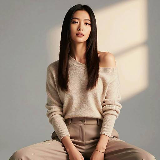 Asian Woman in Soft Cashmere Sweater and Tailored Trousers