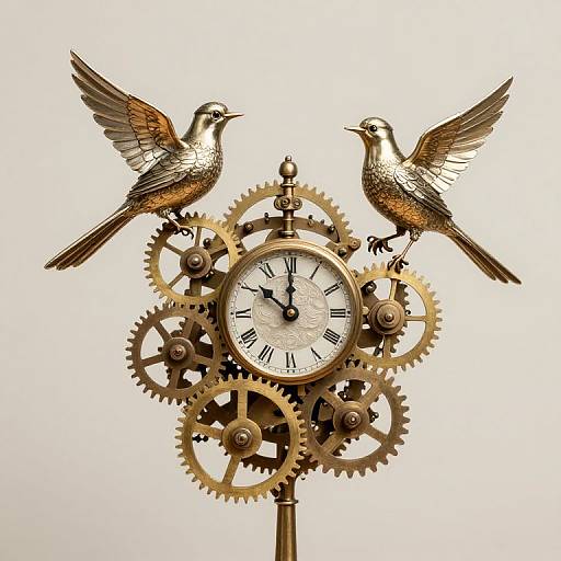 Steampunk-style clock with gold gears, black Roman numerals, and two bronze birds in mid-flight against a white background.