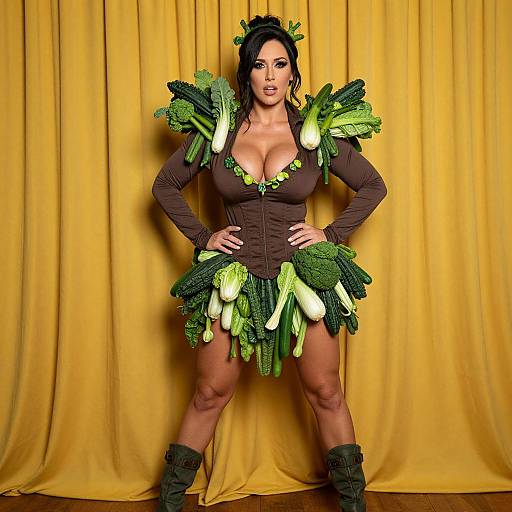 Photograph of a muscular woman with large breasts, wearing a brown bodysuit adorned with green leafy vegetables, against a yellow curtain. She stands