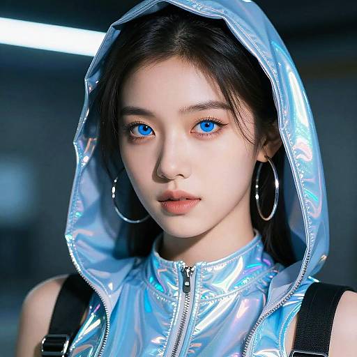 Futuristic Woman in Iridescent Blue Rave Costume