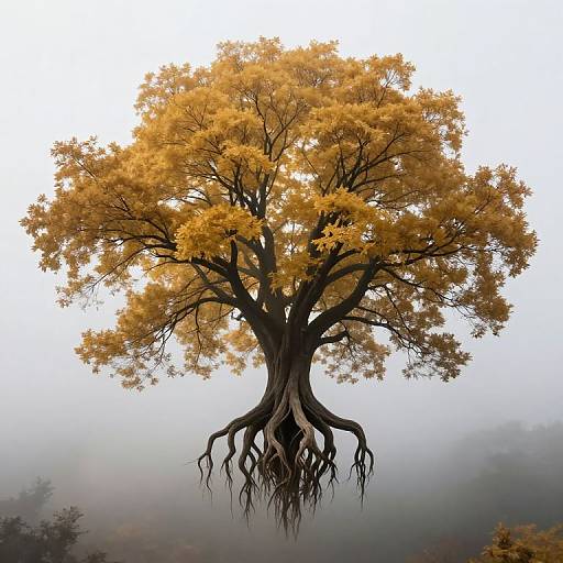 Photograph of a large, floating tree with golden-yellow leaves and intricate, exposed roots against a foggy, white background.