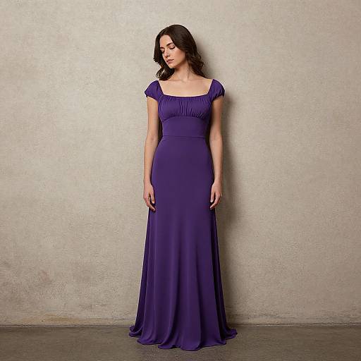 Photograph of a woman with long dark hair, wearing a floor-length, deep purple, off-shoulder dress, standing against a textured gray concrete