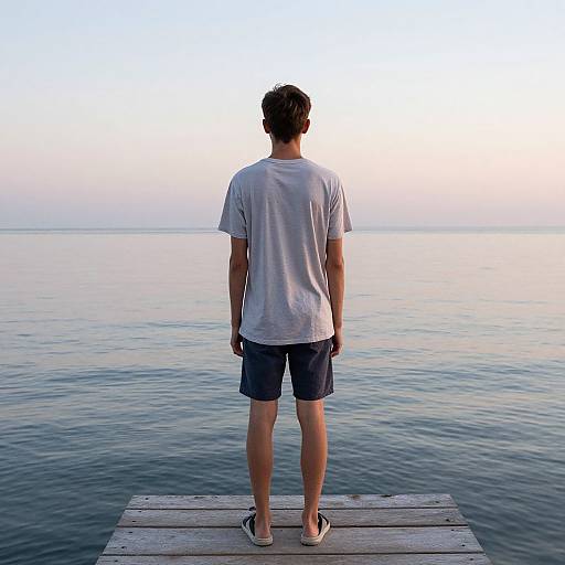 Photograph of a man in a white T-shirt, dark shorts, and sandals, standing on a wooden dock, facing a calm, serene ocean at