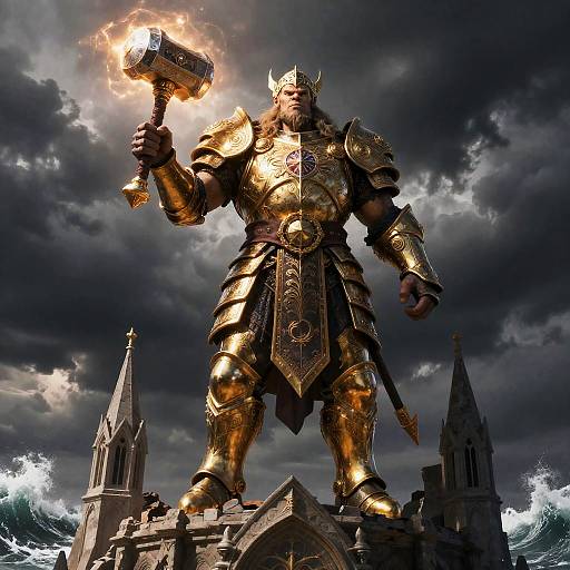 Half-Orc Paladin in Gilded Armor with Glowing Warhammer