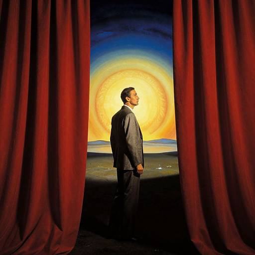 Photograph of a suited man with short black hair, standing in profile, gazing at a radiant yellow-orange sun behind red curtains.