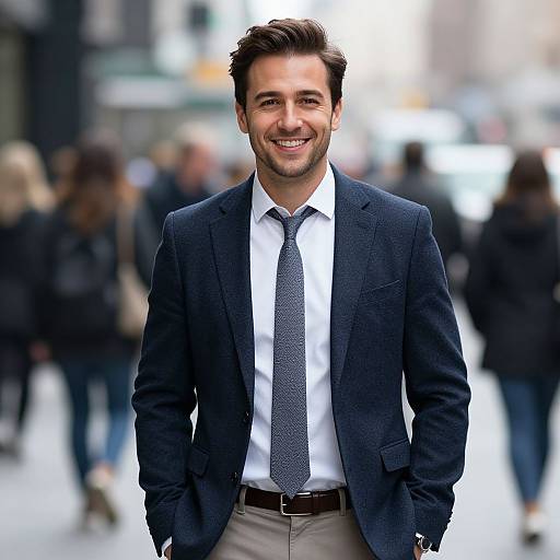 Photograph of a smiling, well-dressed man with dark hair, wearing a navy blazer, white shirt, and grey tie, standing in a
