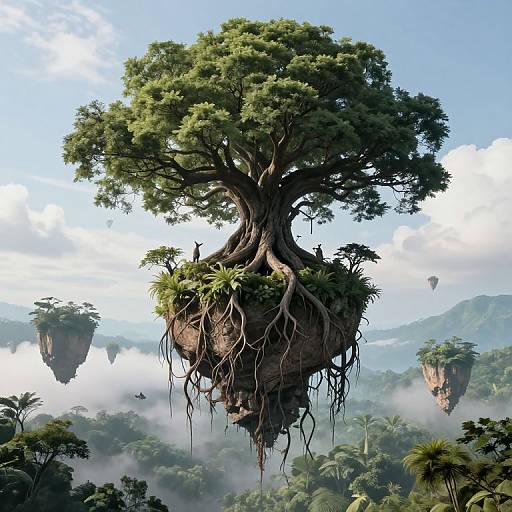 Digital illustration of a giant, root-hanging tree with lush green foliage, floating above a misty, jungle landscape with smaller floating trees in the background