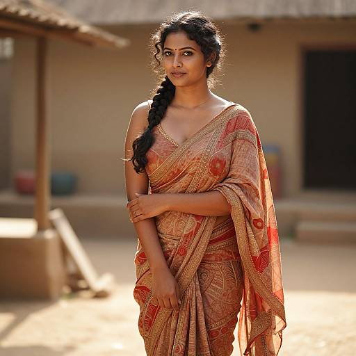 Photograph of an Indian woman with dark hair in a braid, wearing an orange and gold patterned saree, standing in a sunlit rural