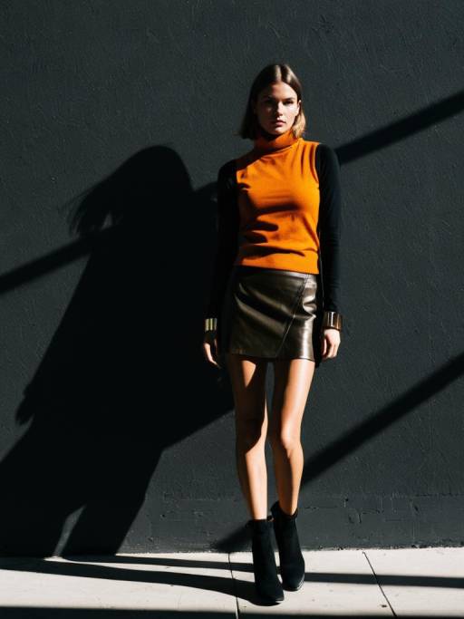 Chic Woman in Orange Turtleneck and Leather Skirt
