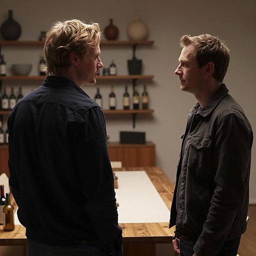 Two Men Conversing in Dimly Lit Room