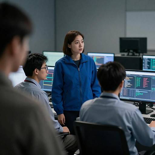 Dimly Lit Control Room, Three Operators