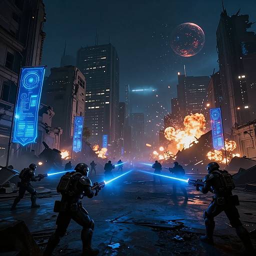 Cyberpunk battle scene: soldiers with blue laser guns face explosions in a dark, neon-lit cityscape under a glowing planet. Digital artwork.